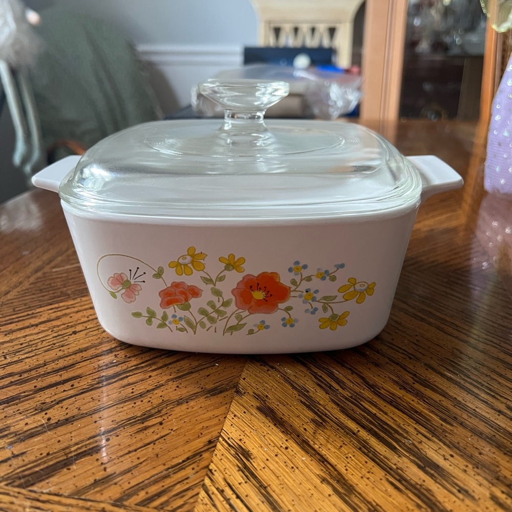 Corningware White Covered Casserole with Orange & Yellow Floral Motif
